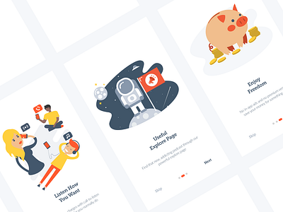 Illustrations for «Bullhorn» app app concept austronaut explore hello how is it work human illustration illustrations iphone listen to next peoples pig piggy piggybank podcast skip welcome screen