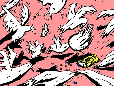 Fight anger bird bubble candy chaos chocolate digital dope dove editorial feather fight graffiti illustration low brow mms mural pigeon street vector