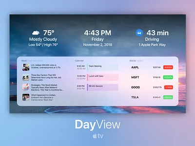 DayView for Apple TV apple appletv calendar commute dashboard design news smarttv stocks tvos ui weather