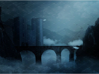 Bridge and castle in night fog