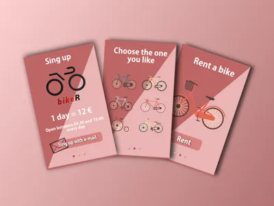 Daily UI #023 - Onboarding affinity bike bike logo bikes bycicle daily 100 challenge daily ui 023 daily ui 23 dailyui onboard onboarding onboarding ui pink rent rent a bike uid