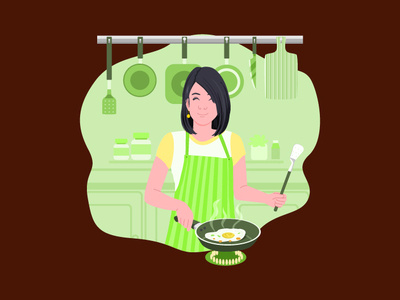 Breakfast beautiful breakfast cook cute design egg frying girl green kitchen mom pan vector