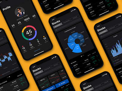 Stock Analysis App UI analytics app app design app interface business dark background dashboard design design studio finance finance app interaction interface mobile mobile screens stock app stocks ui user profile ux