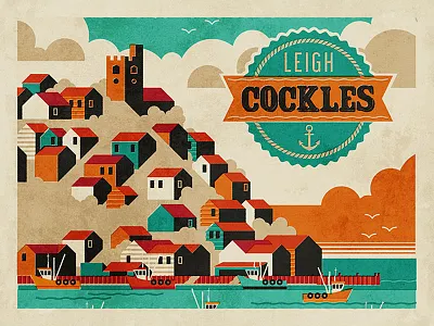 Leigh-on-Sea 2d art boats cockles essex fendell posters houses leigh retro town uk