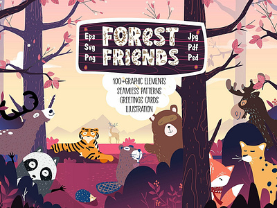 Forest Friends: patterns, cards animals background branches cards decorative design elements foreset forest friends graphic illustration invitation kid pattern patterns seamless patterns set vector wild woodland