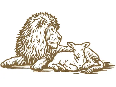 A Woodcut style logo illustration of a Lion & a Lamb animals branding classic emblem emblem design engraving hand drawn illustration illustration agency logo pen and ink symbol symbolic vintage woodcut