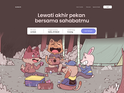 Camping With a Friends adventure animal camping cartoon character cute illustration landing page nature travel