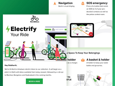 Emailer design branding bike charging cycle ecofriendly email email campaign emailer green illustration mail mailer marketing rent