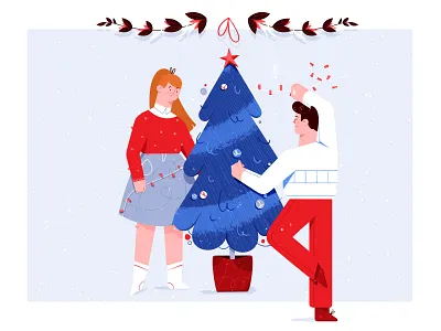 Happy Bustle character design christmas couple design flower girl happy illustration man new years eve ornament programming software house tree uiux