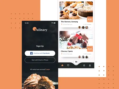Kulinary booking app chocolate culinary food ios login mobile app pastry restaurant sign up ui ux
