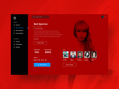 Odeum - Red Sparrow app concept countdown desktop app movie app red red sparrow streaming ticket trailer ui