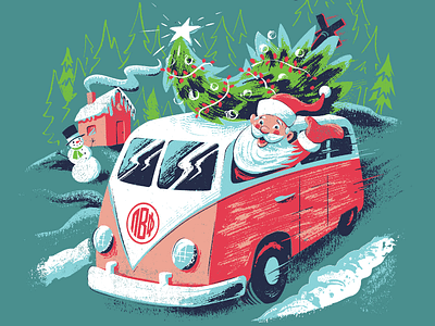 Santa Claus in a Van cartoon cartoon comic christmas christmas tree greek life illustration pi beta phi pi phi snow snowman van