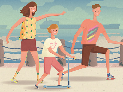 Summertime Skate Sessions clean lines family flat fun illustration kids play promenade rollerskating scooter seaside simple skate stylized textures vector