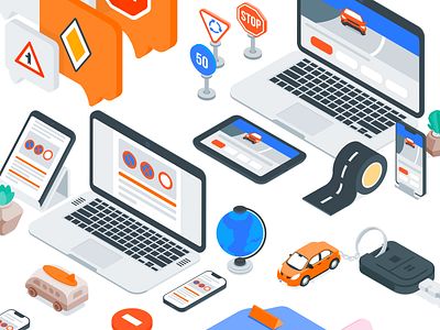 Isometric items car desk drive illustration illustrator isometric keys laptop license