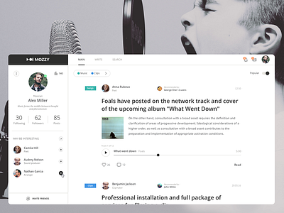 Mozzy artist bright clean design feed minimal music network news social ui ux