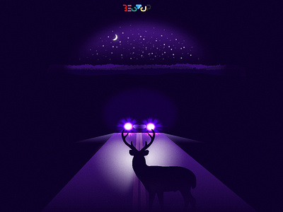 Deer In Highlight car deer forest gradient color graphic artist graphic design illustation light moonlight night round vector artwork wallpaper