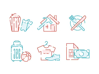 Cash Back Icon Set bills clothing food home icon iconography icons line line art movies repair restaraunt travel