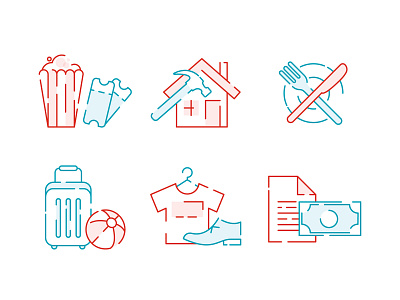 Cash Back Icon Set bills clothing food home icon iconography icons line line art movies repair restaraunt travel