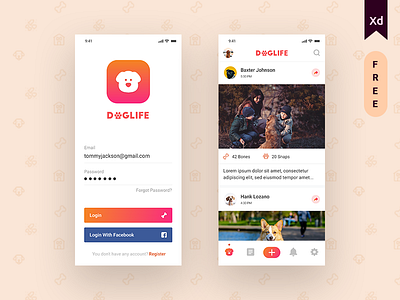 Doglife Ui-Kit Free for Adobe XD adobe xd app design dog lover dog social media doglife free free app freeuikit made with xd ui ui ux design uikit ux