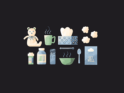 Really Take Sick Days get well health illness illustration medicine pills sick soup spoon tea teddy bear texture thermometer tissue wellbeing
