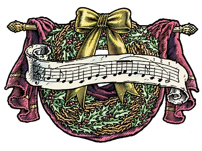 A Color Illustration of a Christmas Wreath in Pen and Ink classic emblem illustration logo music pen and ink vintage
