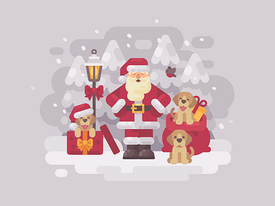 Christmas puppies christmas dog flat design new year puppy santa claus snow vector illustration white winter