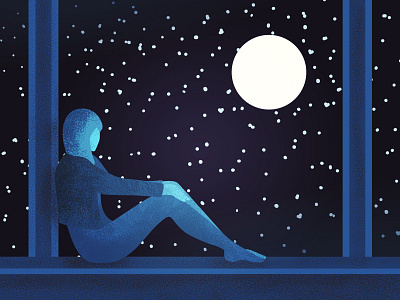 Looking at the moon design girl grain grains grainy illustration moon moonlight night stars stipple stippled stippling texture textured thinker thinking vector