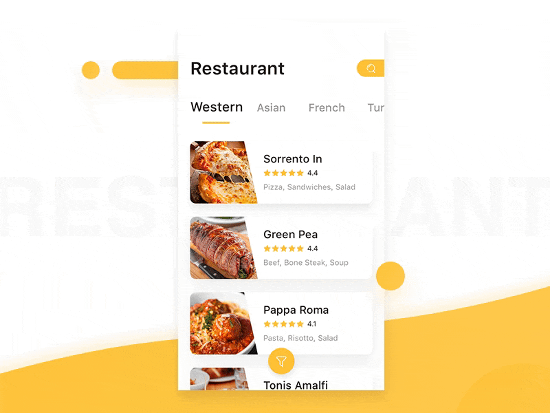 Find restaurants: filter & map filter ios maps mobile app principle restaurant tap ui ui animation