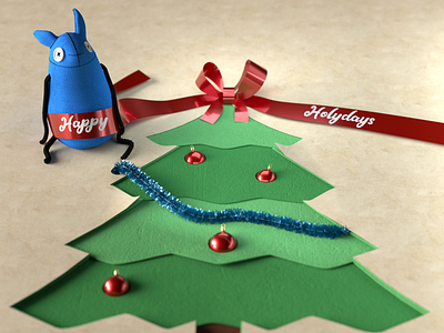 Merry xmas blue monster c4d doll everynowandthen hdrilink octane papercut tree