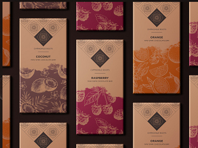 Chamomile Roots chocolate bar packaging branding chamomile chamomileroots chocolate coconut illustration logo logo design minimal mockup orange packaging packaging design raspberry