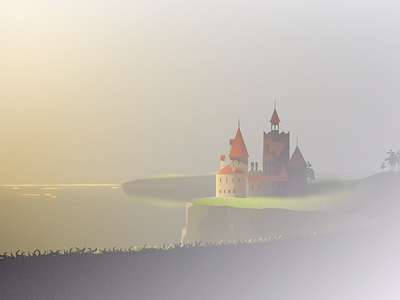 Castle on a cliff calm castle cliff fog glow illustration landscape light sea shore sunset