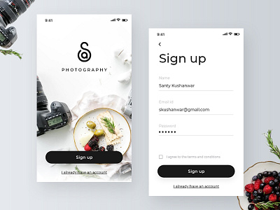 Sa Photography Signup Screens app app design application black white camera app classic design clean design food logo minimalist photography branding photography logo sa signup screen ui ux