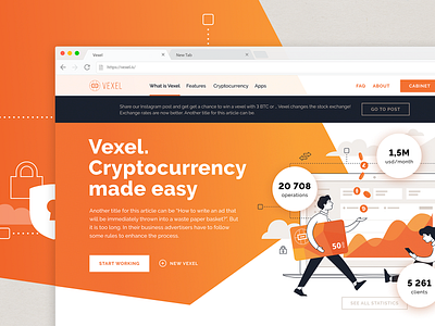 Illustrations and Website Design for Vexel.is bitcoin coins crypto cryptocurrency exchange graphics icon illustration landing page orange people ui ui design vector vexel wallet website design