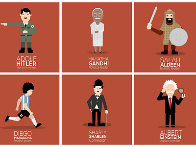 famous characters einsten flat gandhi hitler illustaration maradona salah shaplin