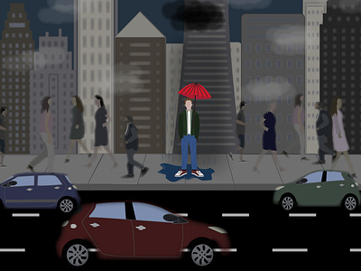 in the city animation cartoon city design illustration man man cartoon rain sad