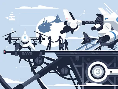 Flying taxi drones station character drone flat futuristic illustration kit8 passenger people quadcopter station taxi vector