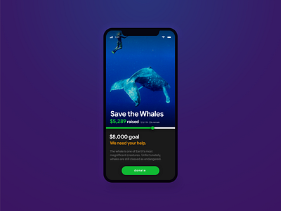 Crowdfunding • Save The Whales • Day 032 app branding creative dailyinspiration dailyui design digitaldesign flat inspiration interface minimal mobile mobiledesign prototype ui userexperience ux uxui vector web