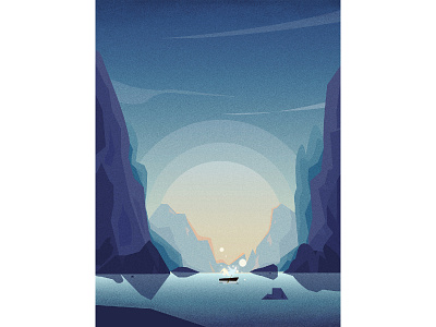 Between mountains and waters blue boat illustration mountian ui water