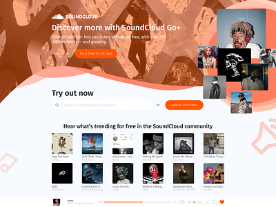 Sound Cloud Front page redesign. app branding clean design flat illustration illustrator landing page minimal redesign sound cloud soundcloud ui ux ux design vector web web design website