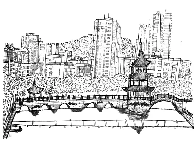 甲秀楼 ancient building bridge china guiyang moutainous pen sketch