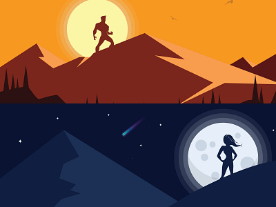 Flat Design Inspiration - Landscape Illustration (Night & Day) black character day flat design illustration landscape landscape design magic night sky star sun