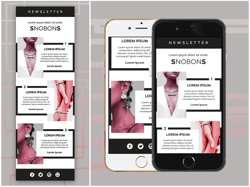 Snobons : Newsletters black color css design emailing graphic htlm newsletters photography pink responsive typography webdesign