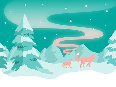 Aurora - aurora aurora borealis christmas cold colour fox frozen illustration illustrator light mountains northern lights pink seasonal shadow sky snow teal vector winter