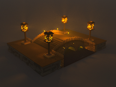 Bridge with Lanterns, Voxel Art 3d design voxel art