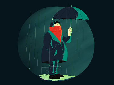 Waiting In The Rain flat design green hand drawn high contrast illustration minimalist night pro create rain umbrella