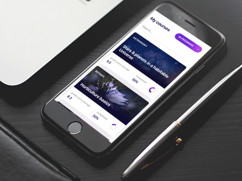 Online courses app animation animation app cards courses design education gif ios learning microinteraction minimalistic principle timeline transition ui violet