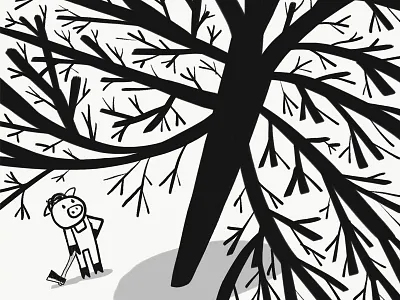 Lumberjack Pig ambition animal ax axe black white black and white character drawing goals humor illustration pig piggy tree trees