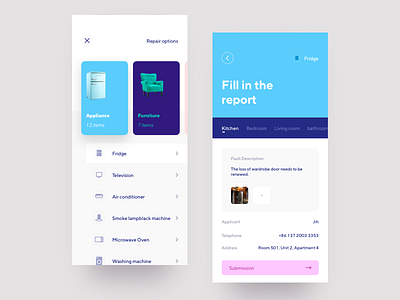 Apartment Repair an electric appliance app apple blue card ios iphonex mobile refrigerator sofa ui ux