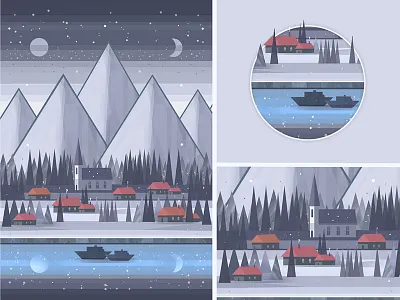 A Small Village by the Lake Under the Mountains art blue digital painting flat gray hand drawn illustration lake mountains painting photoshop