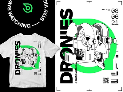 "Dronie Deconstructed" Tee barcode bird computer dronie green line art merch merch design neon neon green qr code robot schematics shirt design suisse techy tee tron tshirt